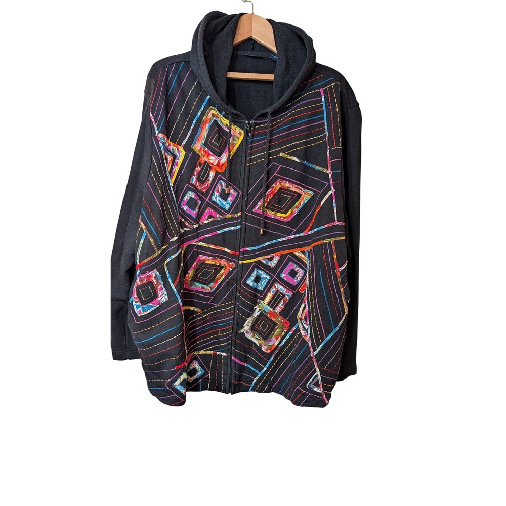 Westbound Woman Black Applique Zip Up Hoodie 3X Multi Color Geometric